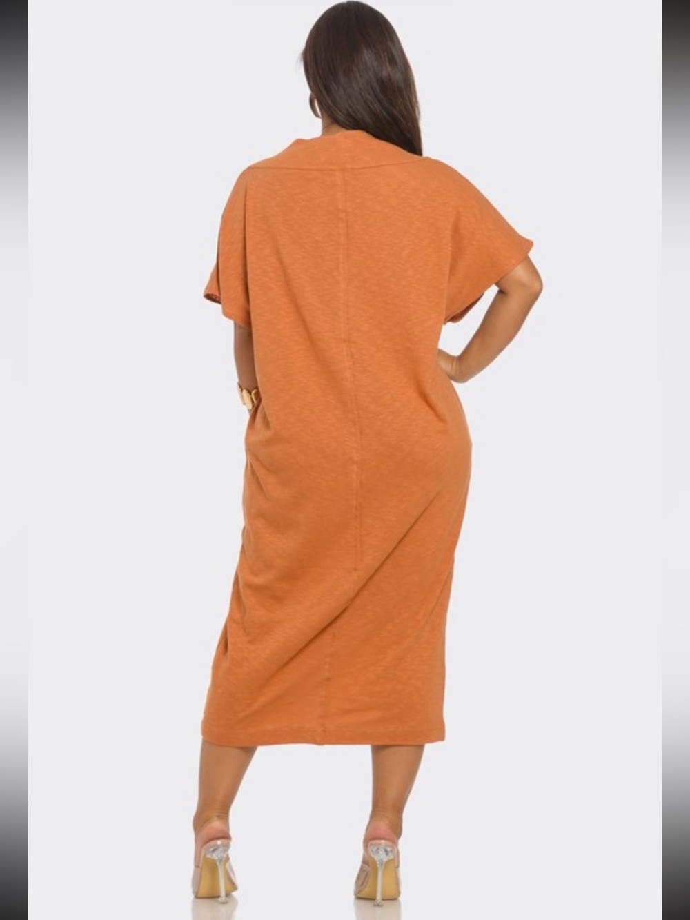 NWOT Rust Orange V-Neck Midi Dress - Picture 2 of 2